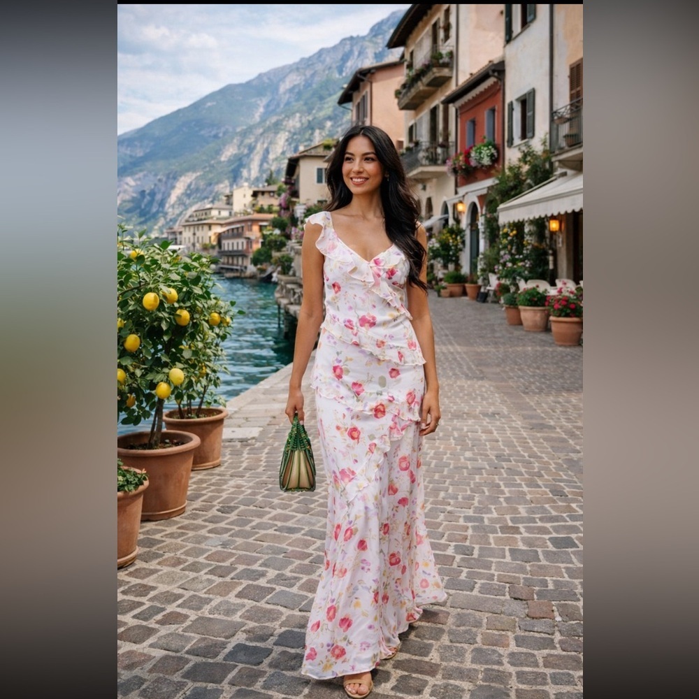 💃🏻RARE💃🏻RIXO Anthropologie NWT Gail V-Neck Floral Ruffled Viscose Maxi Dress  S
